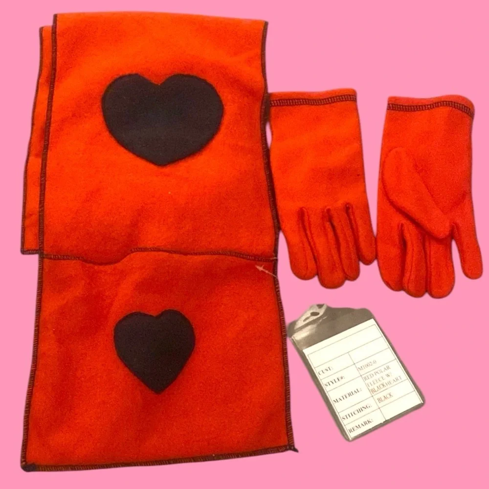 Adorable red polar fleece scarf and glove set with hearts